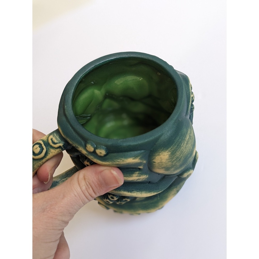 Mora Pagan Idol Handmade Hawaiian Octopus Tiki Skull Mug Matte Green Finish - Picture 10 of 10